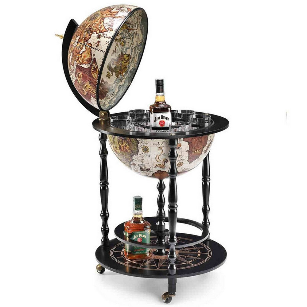 Sera 36" Globe Bar Cart with Lift-Open Lid |  Bottle and Glass Holder |  Ivory and Brown Map |  Matte Raven Black