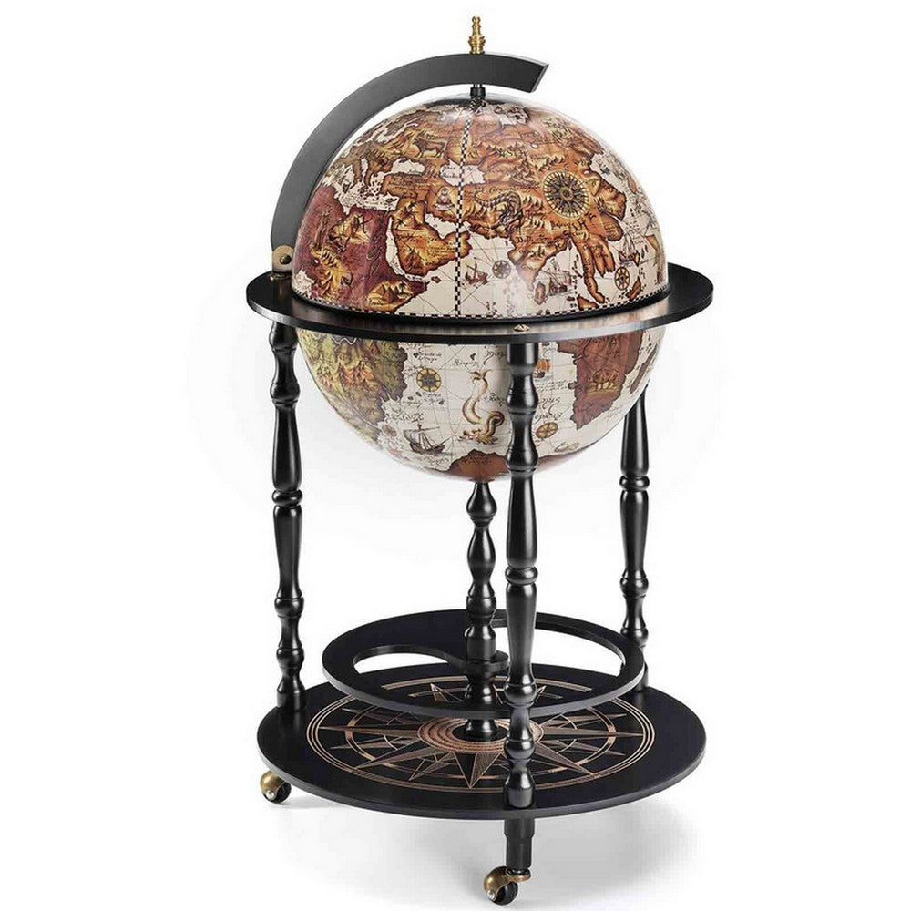 Sera 36" Globe Bar Cart with Lift-Open Lid |  Bottle and Glass Holder |  Ivory and Brown Map |  Matte Raven Black