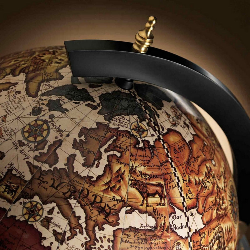 Sera 36" Globe Bar Cart with Lift-Open Lid |  Bottle and Glass Holder |  Ivory and Brown Map |  Matte Raven Black