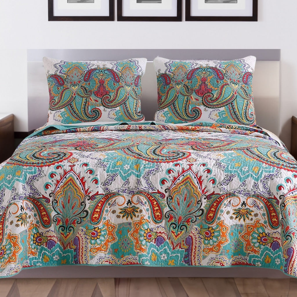 3 Piece Queen Size Cotton Quilt Set with Paisley Print, Teal Blue By Casagear Home