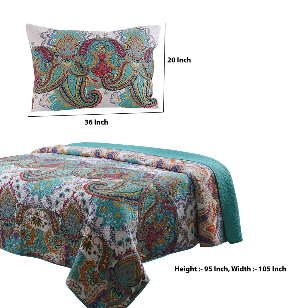 3 Piece King Size Cotton Quilt Set with Paisley Print Teal Blue By Casagear Home BM42335