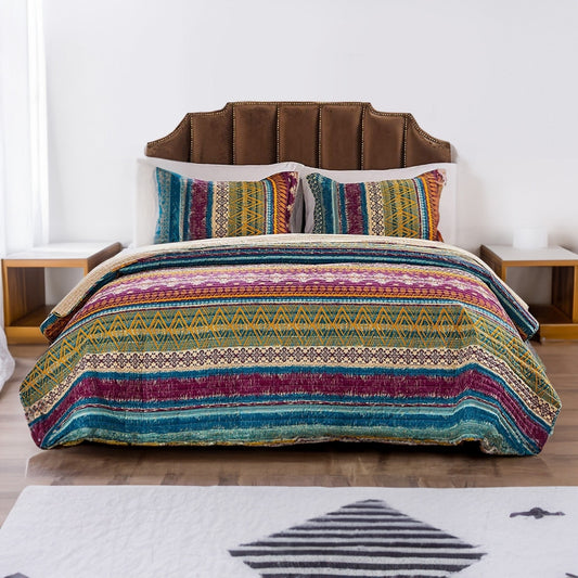 Tribal Motif Print Cotton Twin Quilt Set with 1 Pillow Sham, Multicolor By Casagear Home