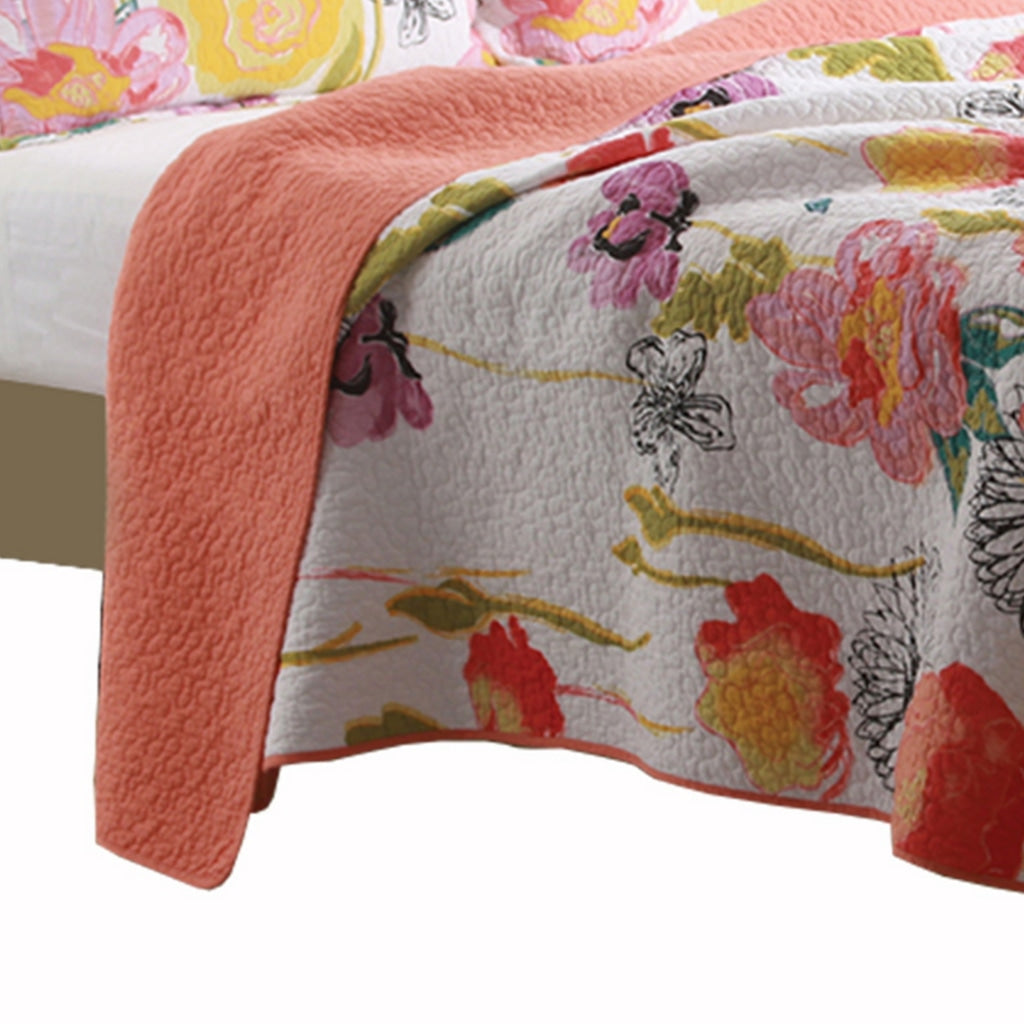2 Piece Cotton Twin Size Quilt Set with Stencil Flower Print Multicolor By Casagear Home BM42362