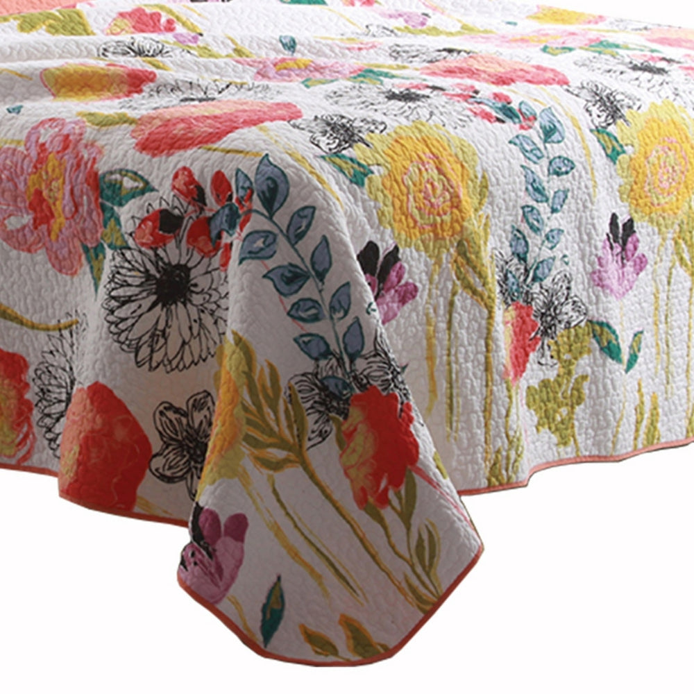 3 Piece Cotton Full Size Quilt Set with Stencil Flower Print Multicolor By Casagear Home BM42363