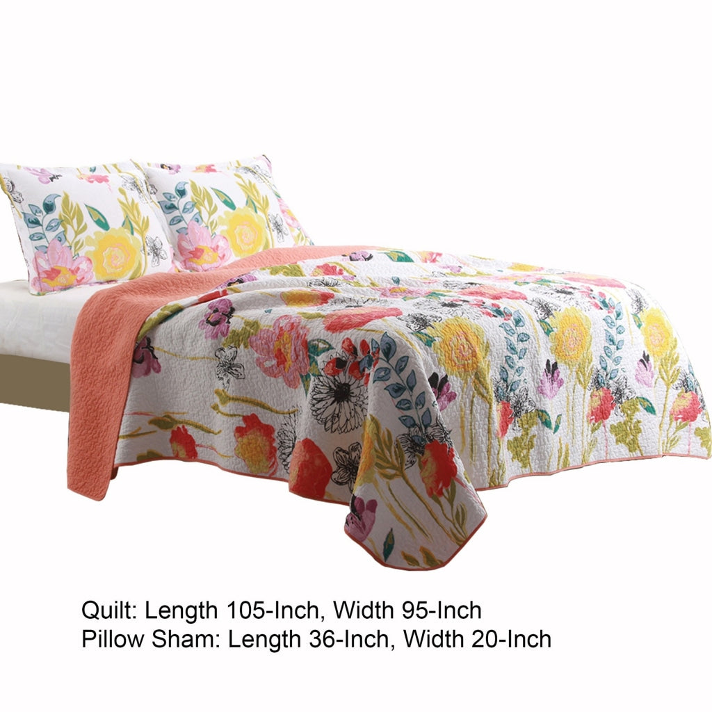 3 Piece Cotton King Size Quilt Set with Stencil Flower Print Multicolor By Casagear Home BM42364