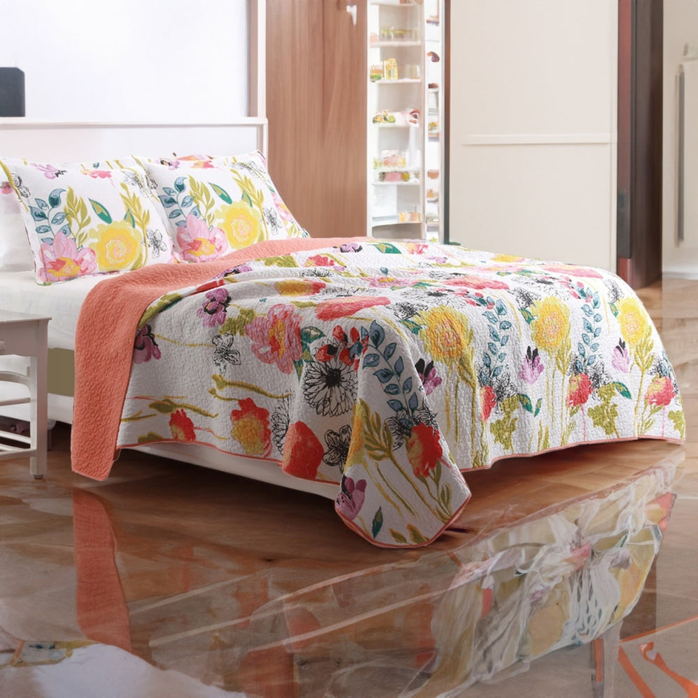 Stencil Flower Quilt Set | 3 Piece King Size | Cotton | Multicolor