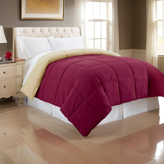 Genoa Queen Size Box Quilted Reversible Comforter By Casagear Home, Pink and Beige