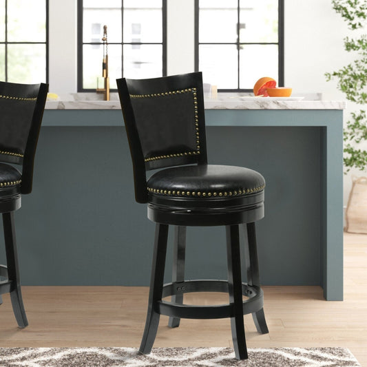 Counter Stool | Nailhead Trim | Black Faux Leather | Flared Legs