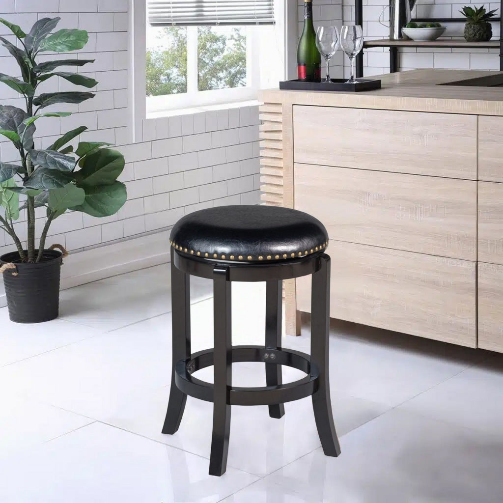 Nailhead Trim Round Leatherette Swivel Counter Stool with Flared Leg, Black By Casagear Home