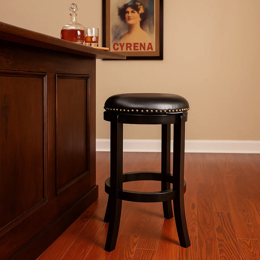 Nailhead Trim Round Leatherette Swivel Counter Stool with Flared Leg, Black