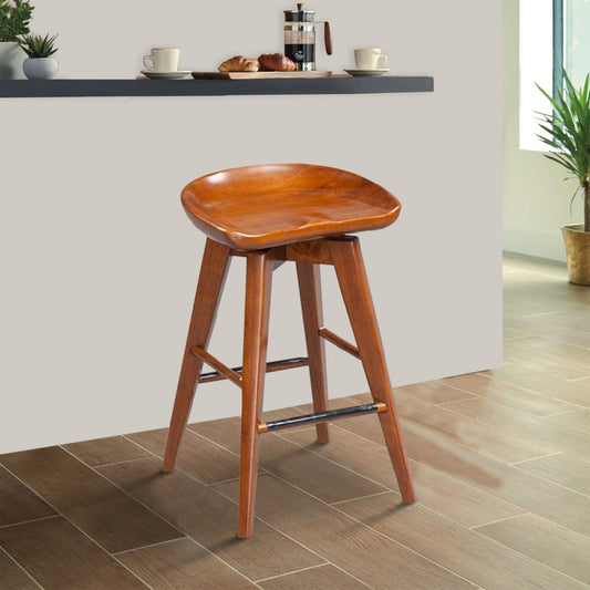 Contoured Seat Wooden Swivel Counter Stool with Angled Legs, Walnut Brown by Casagear Home