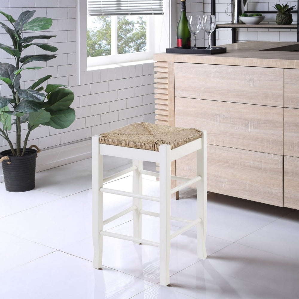Counter Stool | Square Wood Frame | Ivory Brown Rush Woven Seat
