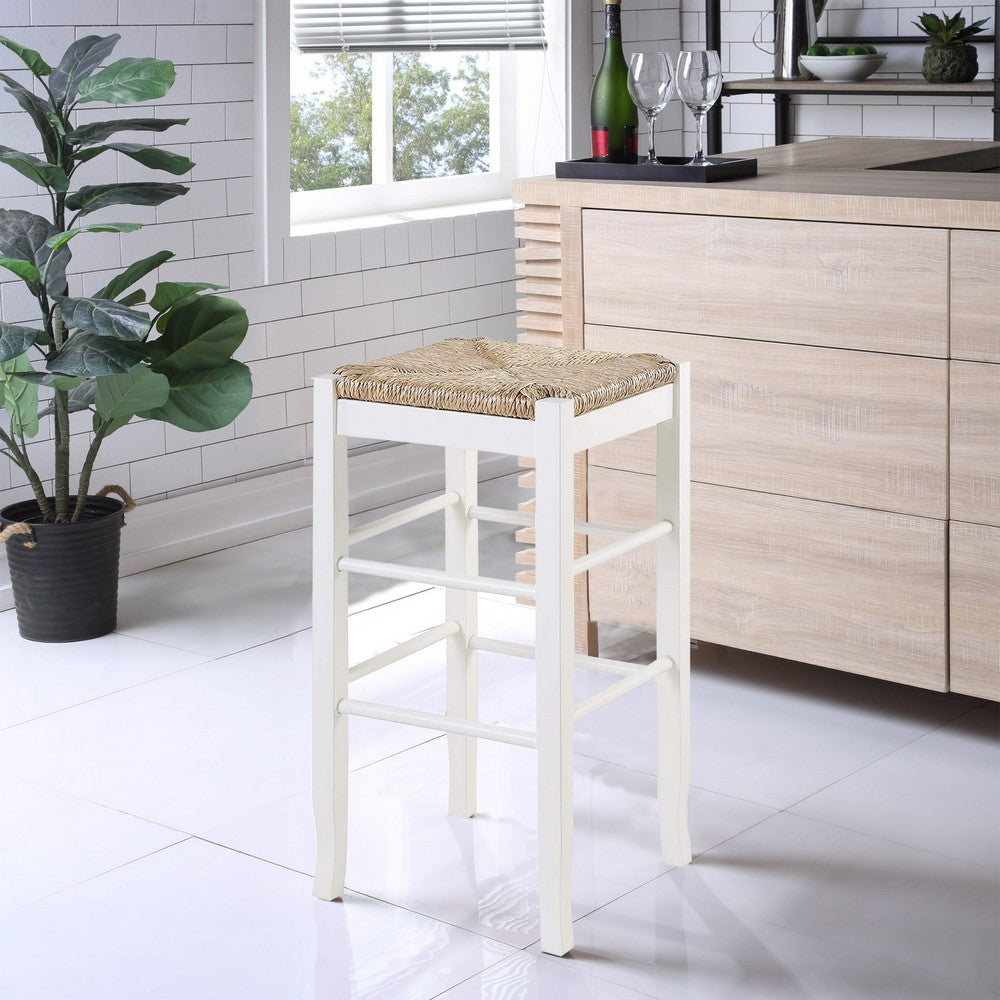 Barstool | Square Wood Frame | White Brown Rush Woven Seat