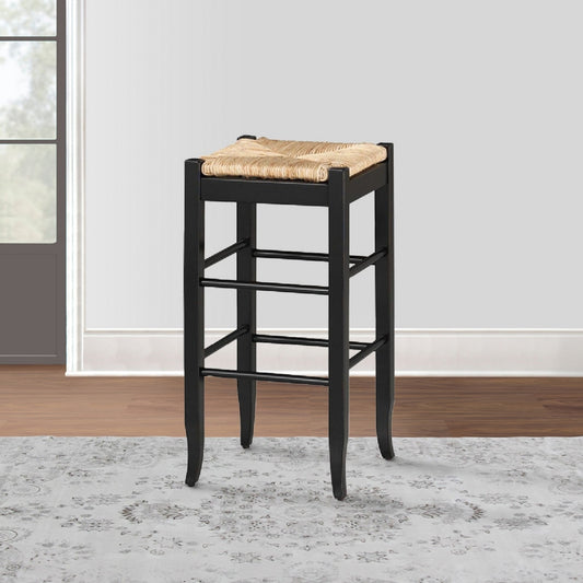 Rush Woven Wooden Frame Barstool with Saber Legs, Beige and Black by Casagear Home
