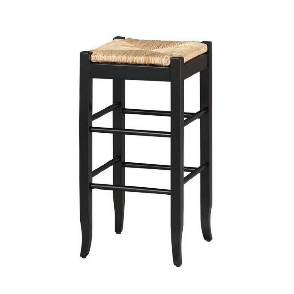 Rush Woven Wooden Frame Barstool with Saber Legs Beige and Black by Casagear Home BM61438