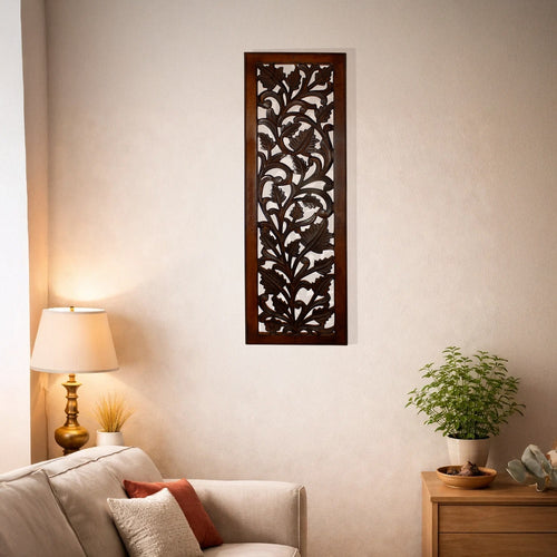 Mango Wood Wall Panel Hand Crafted with Leaves and Scroll Work Motif, Brown - BM80949