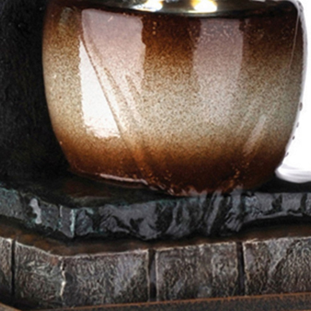 C Shaped Polyresin Frame Fountain with Tapered Base and LED Lights, Brown By Casagear Home
