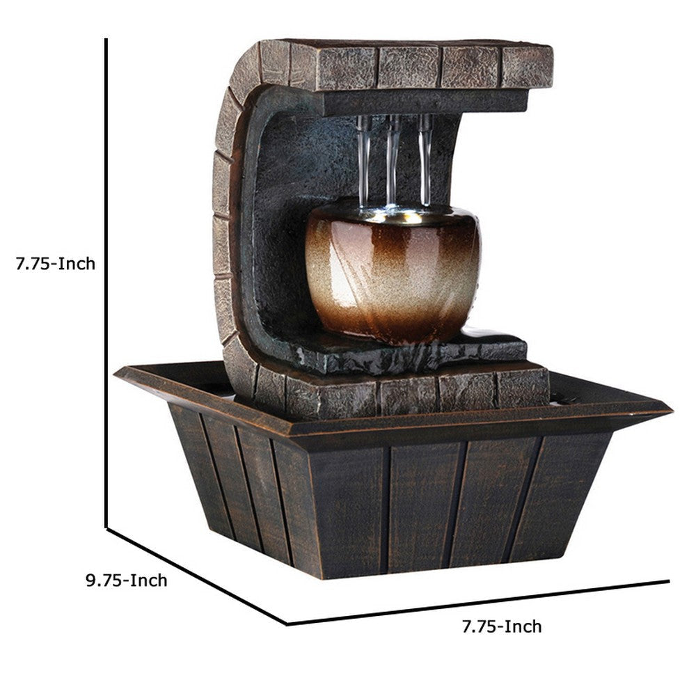 C Shaped Polyresin Frame Fountain with Tapered Base and LED Lights, Brown By Casagear Home