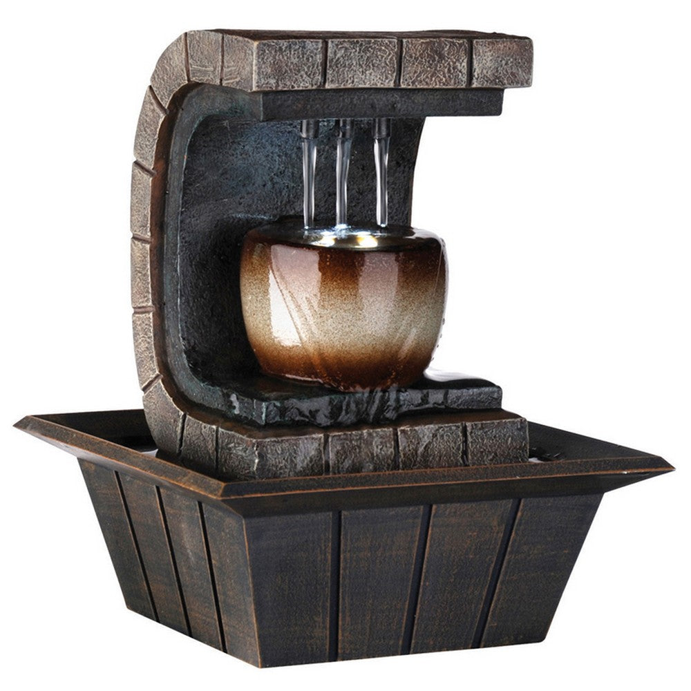 C Shaped Polyresin Frame Fountain with Tapered Base and LED Lights, Brown By Casagear Home