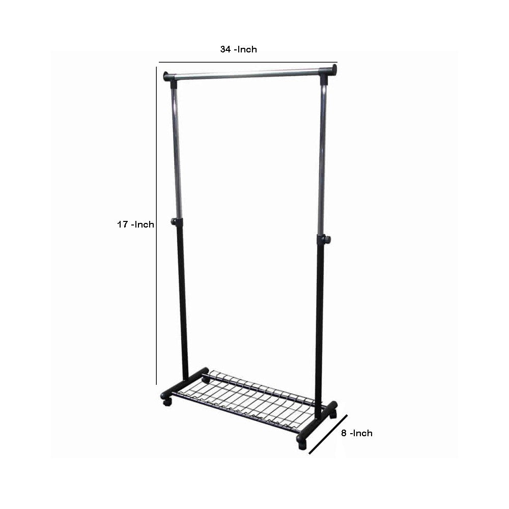 Metal Coat Hanger Rack with Bottom Wired Shelf, Black and Silver By Casagear Home