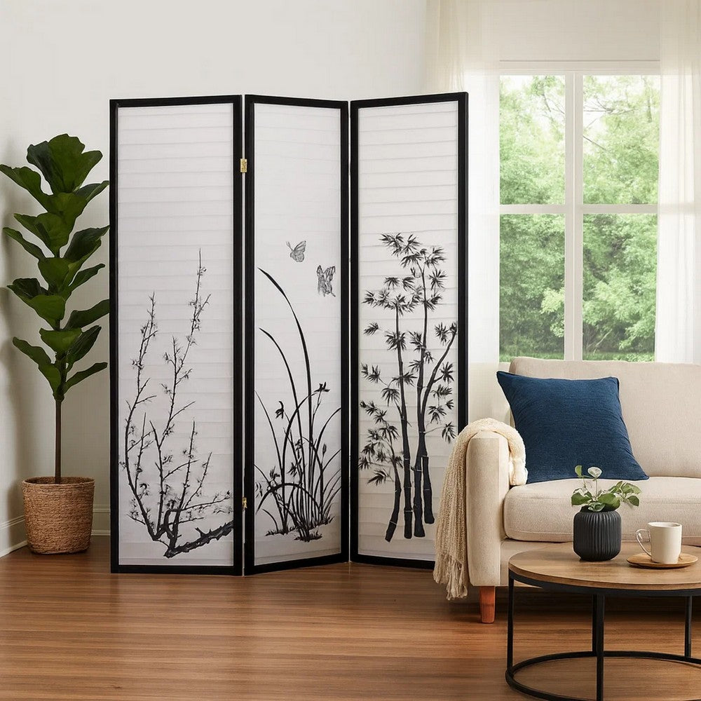 Room Divider | 3 Panel | Naturistic Print | Wood Paper | White Black