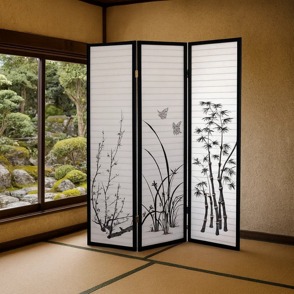 Room Divider | 3 Panel | Naturistic Print | Wood Paper | White Black