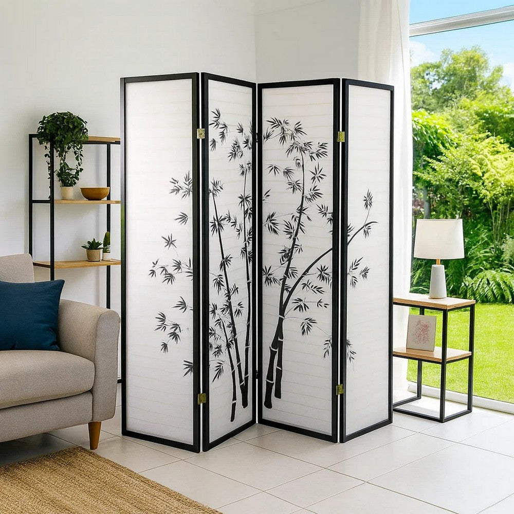 Room Divider | 4 Panel | Bamboo Print | Wood Paper | White Black