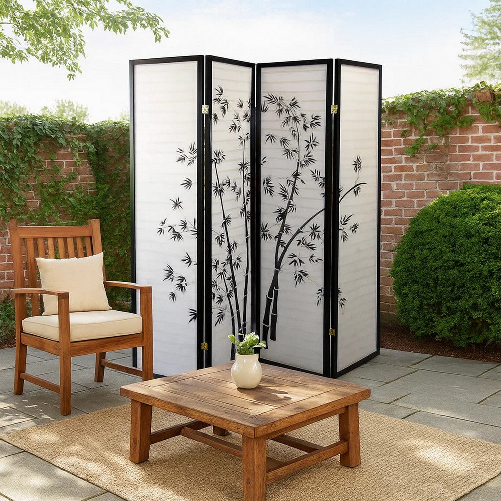 Room Divider | 4 Panel | Bamboo Print | Wood Paper | White Black