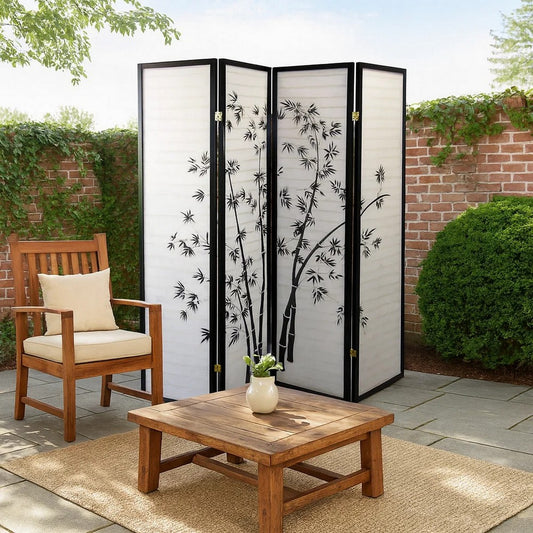 Room Divider | 4 Panel | Bamboo Print | Wood Paper | White Black