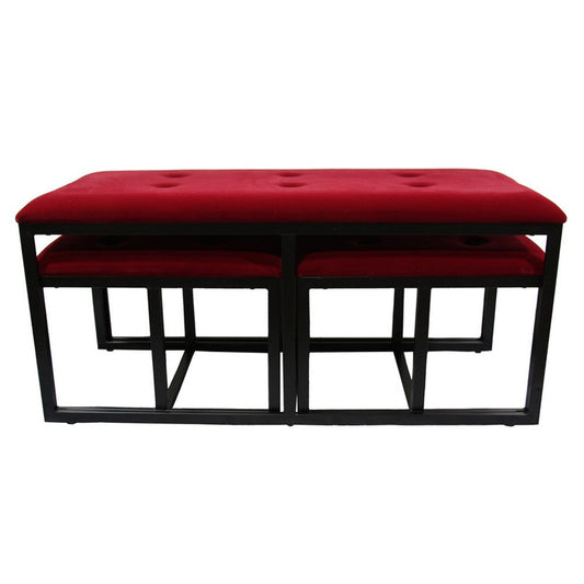Metal Bench | Tufted Red Black | 2 Seat | Faux Leather Upholstery