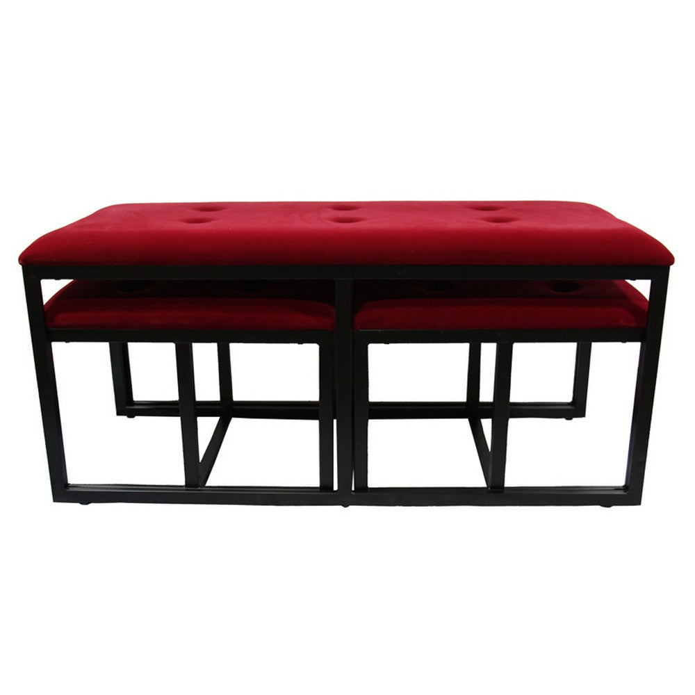 Metal Bench | Tufted Red Black | 2 Seat | Faux Leather Upholstery