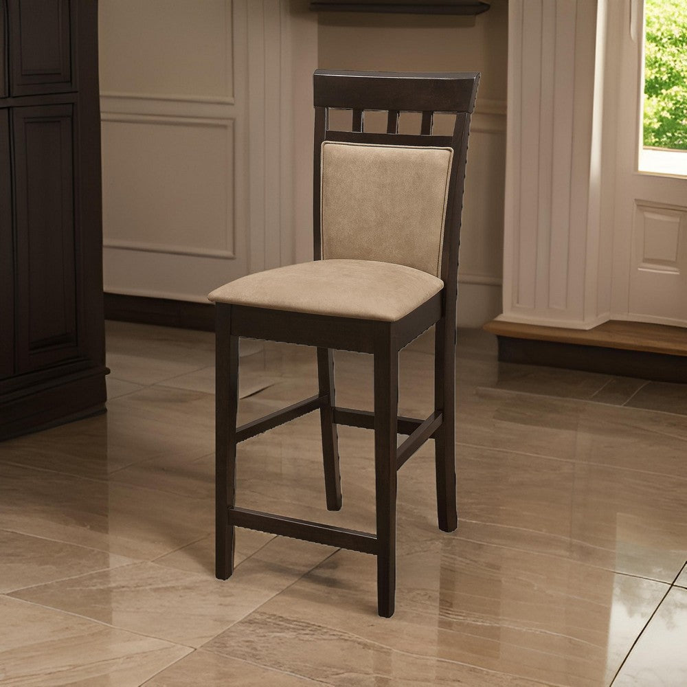 Counter Stool Set of 2 | Upholstered Seat | Brown Beige | Panel Back