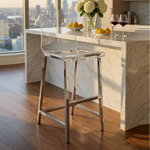 Barstool Set of 2 | Clear Acrylic | Chrome Base | Elegant Style