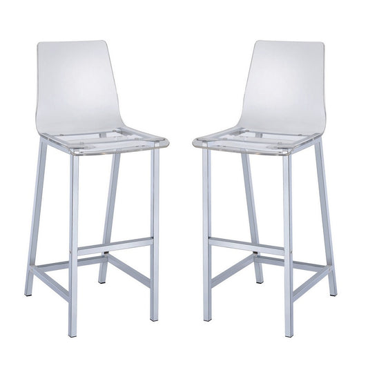 Elegant Acrylic Bar Height Stool with Chrome Base, Clear And Silver, Set of 2