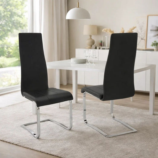 Dining Chair Set of 4 | Black Faux Leather | Chrome Legs