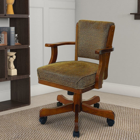 25 Inch Wood Arm Game Chair, Textured Fabric, Caster Wheels, Brown
