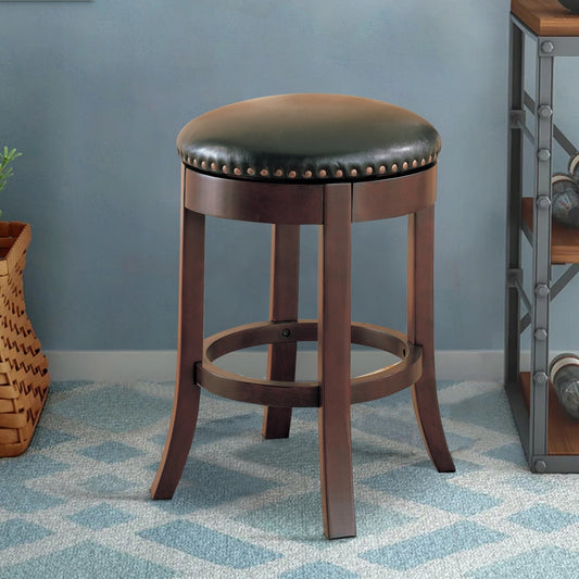 Counter Stool Set of 2 | Round Wood | Upholstered Seat | Brown