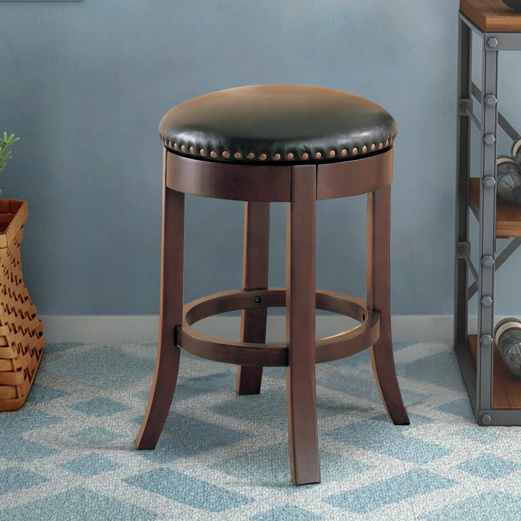 Round Wooden Counter Height Stool with Upholstered Seat, Brown, Set of 2