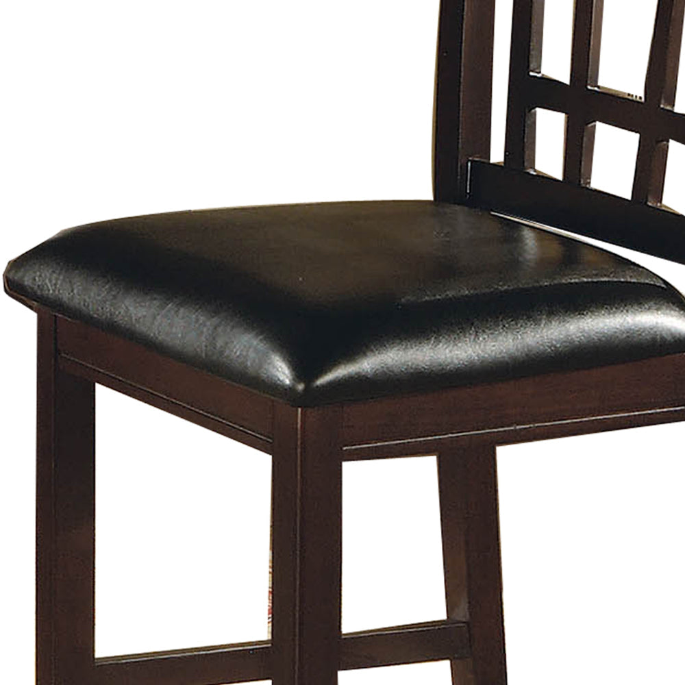 Lattice Back 24" Wooden Counter Height Chair with Leatherette Seat, Set of 2, Brown and Black