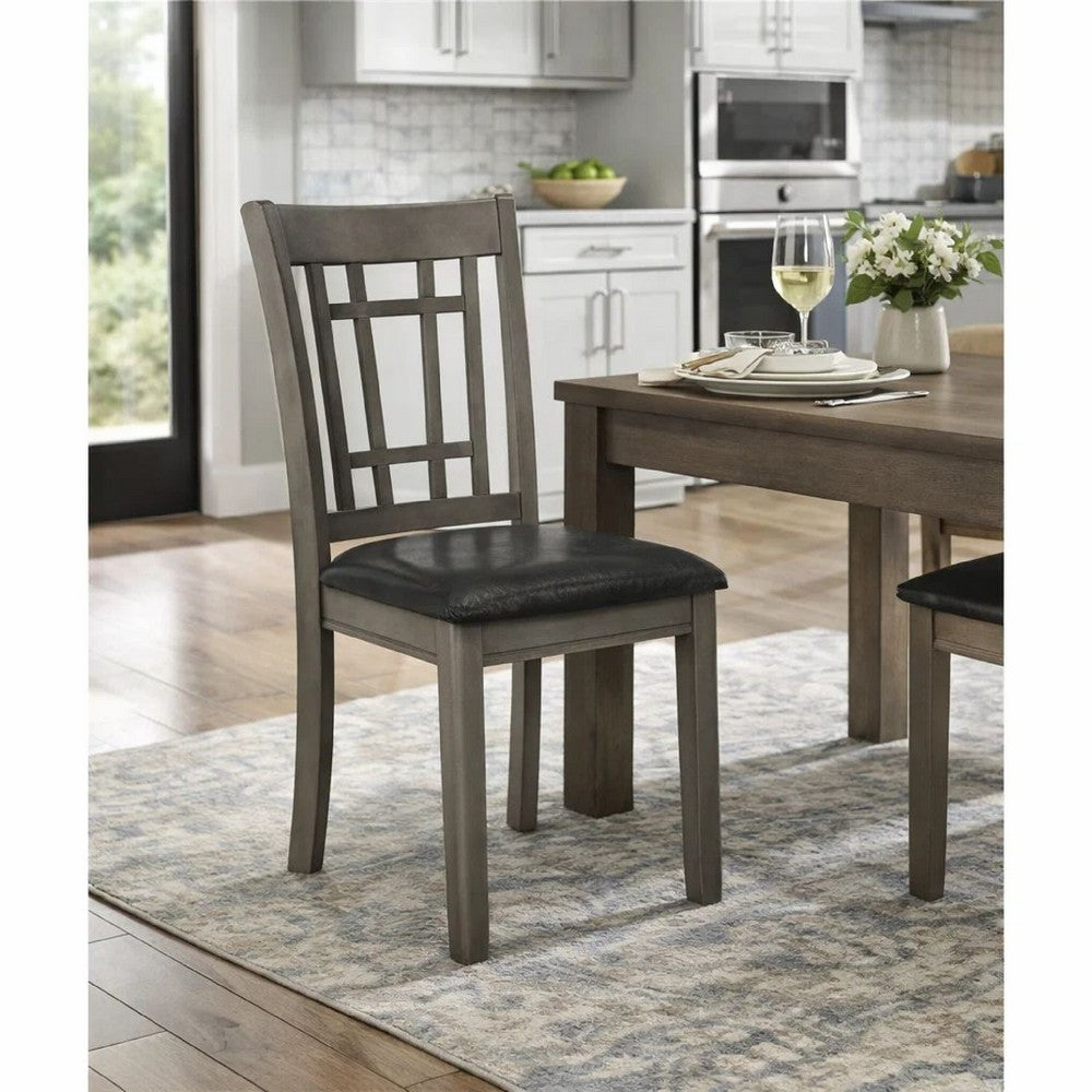 Cutout Back Wooden Dining Chair with Leatherette Seat, Gray and Black, Set of Two