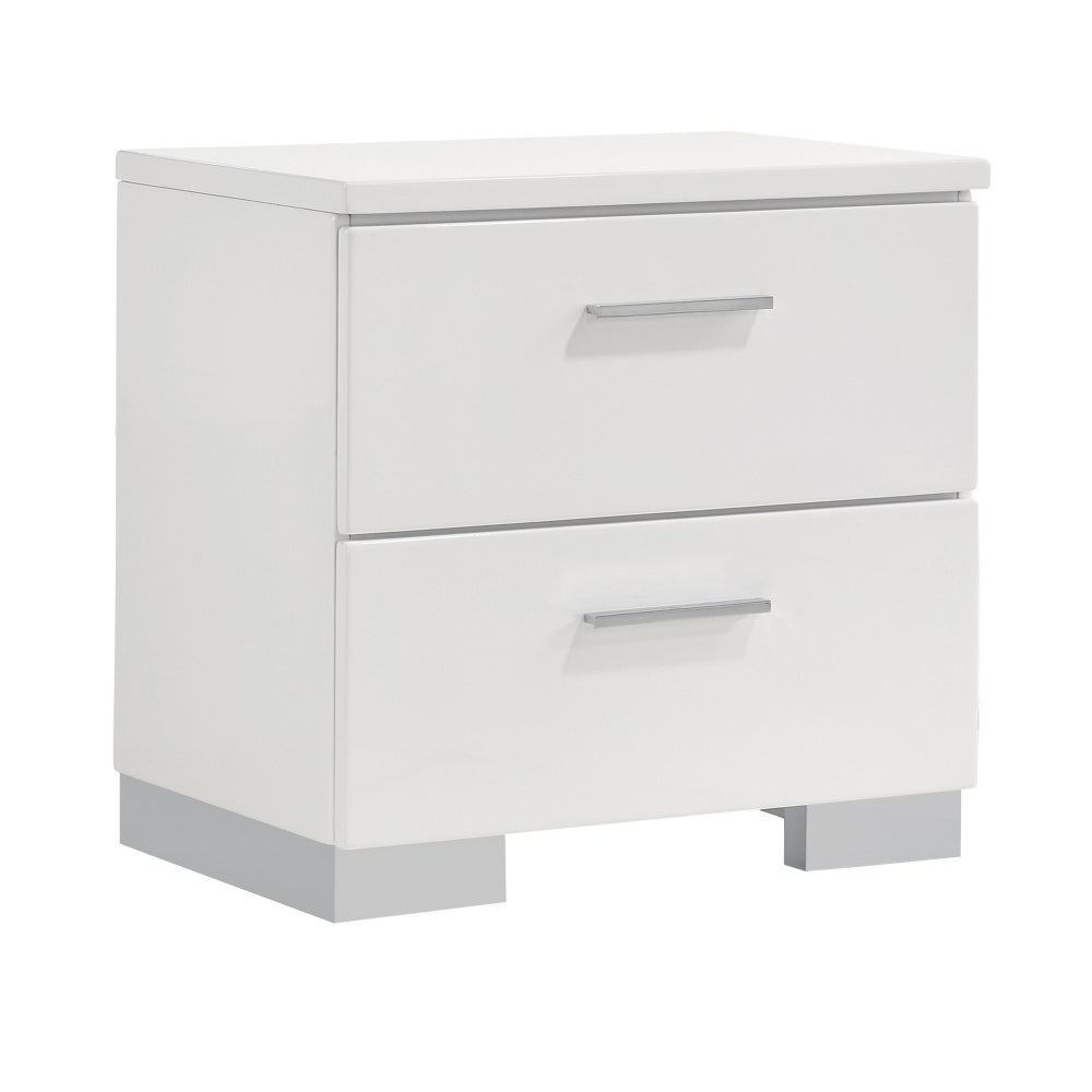 Wooden Nightstand with 2 Drawers and Chrome Metal Legs, White