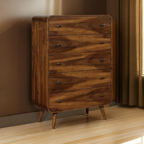 Wooden Chest with 5 Drawers, Dark Walnut Brown