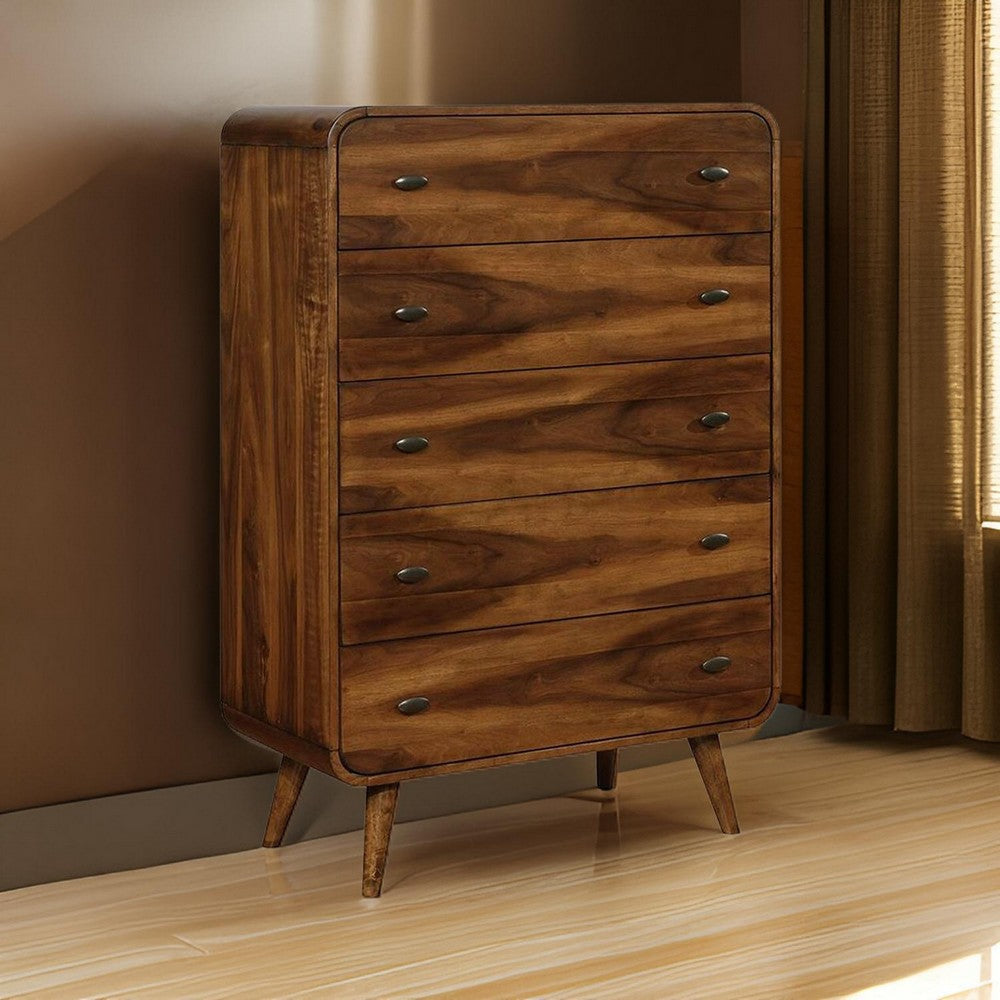 Wooden Chest with 5 Drawers, Dark Walnut Brown