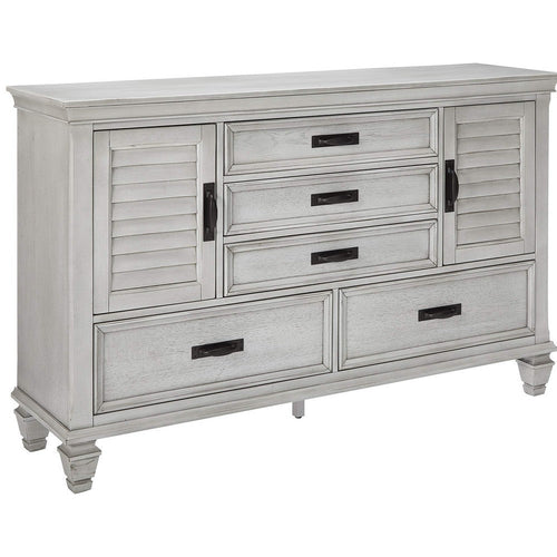 Wooden Dresser with 2 Louvered Doors & 5 Drawers, White