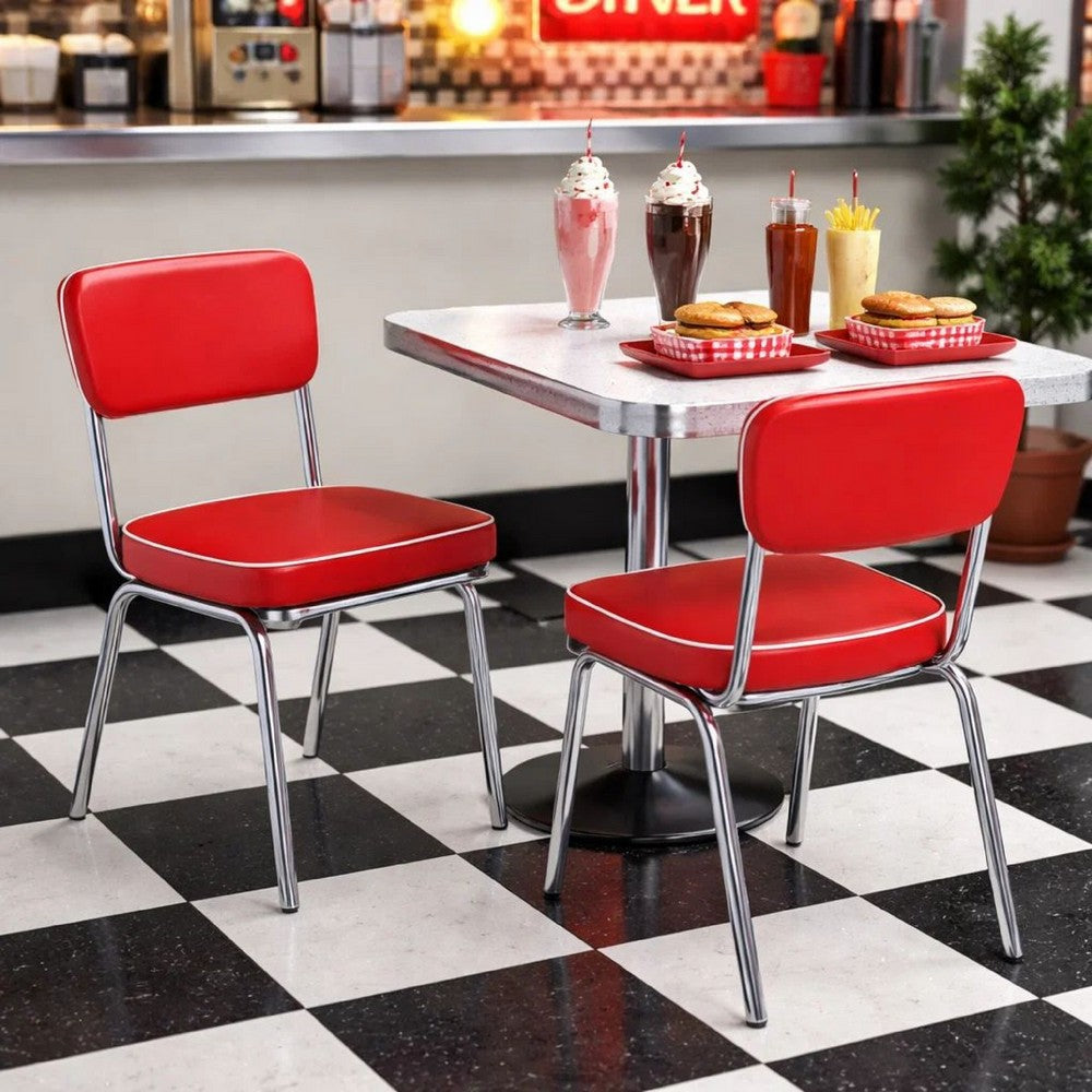 Dining Chair Set of 2 | Retro Red Faux Leather | Chrome Legs