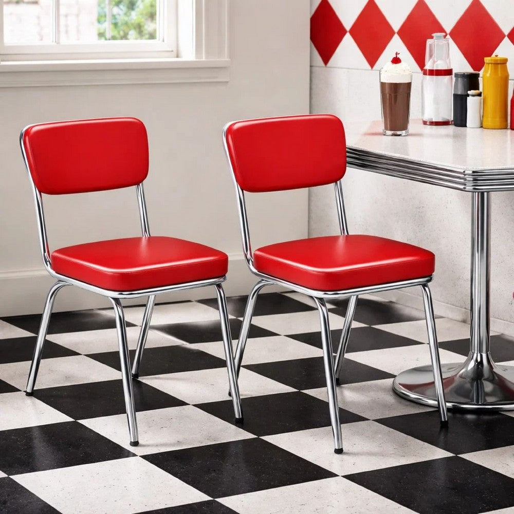 Dining Chair Set of 2 | Retro Red Faux Leather | Chrome Legs