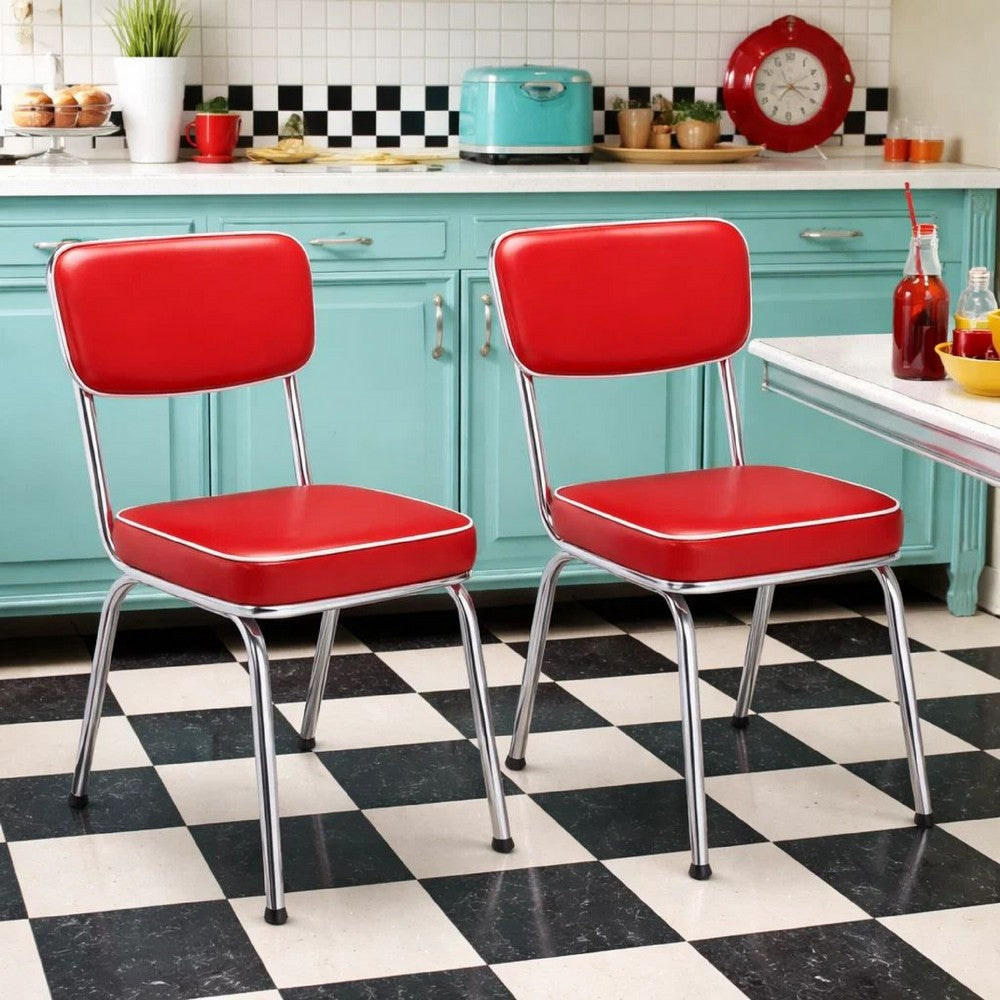 Dining Chair Set of 2 | Retro Red Faux Leather | Chrome Legs