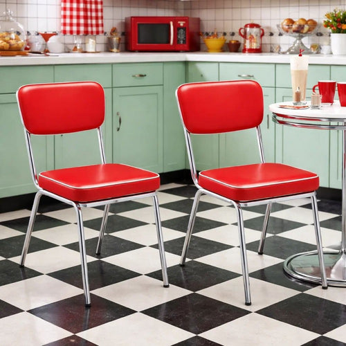 Dining Chair Set of 2 | Retro Red Faux Leather | Chrome Legs