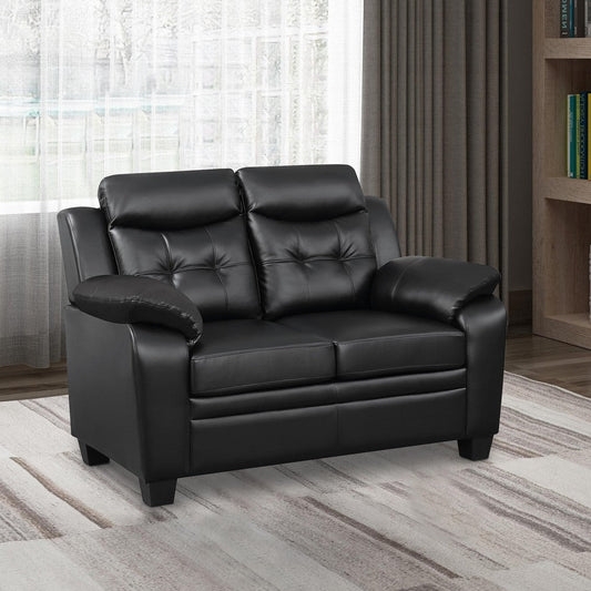 Contemporary Faux Leather & Wood Loveseat With Cushioned Armrests, Rich Black