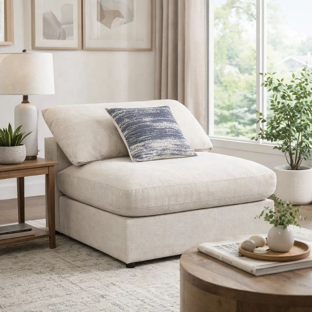 Fabric Upholstered Wooden Armless Chair with Loose Cushion Seat and Small Feet, Beige